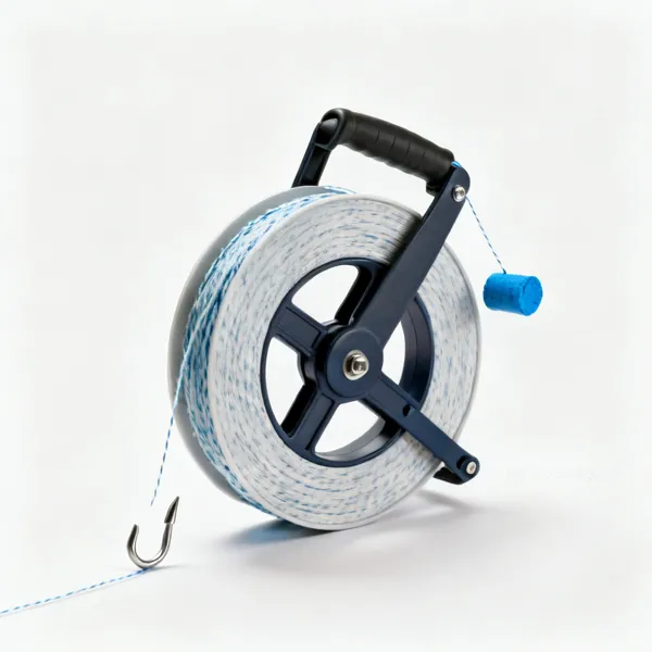 A chalk line reel with blue chalk and a hook