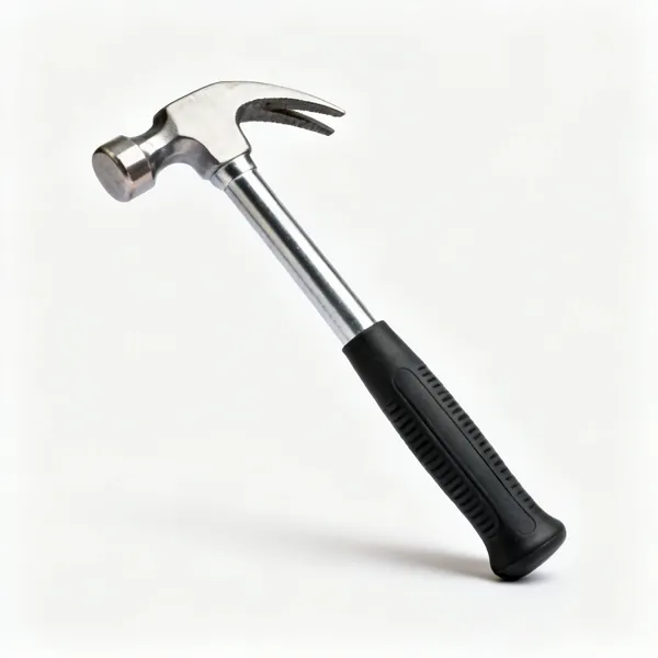 A claw hammer with a steel shaft and rubber grip
