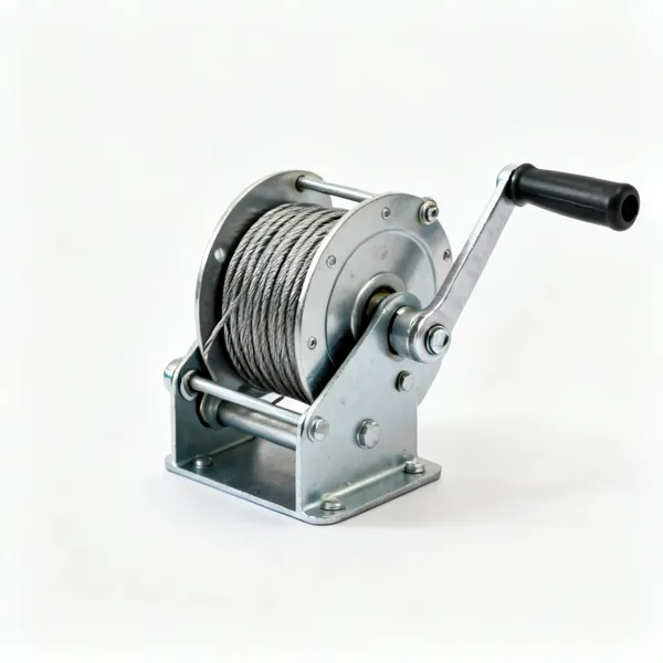 Material hoist: A compact material lift hoist winch unit with a crank handle and steel cable