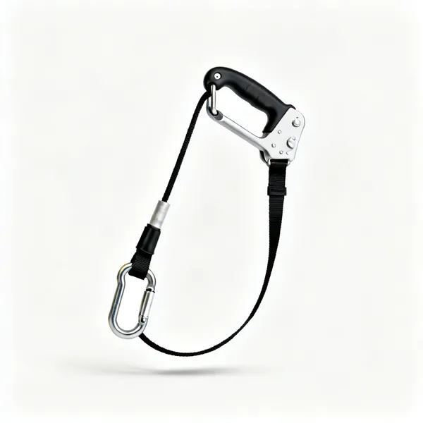 A safety harness with a lanyard and karabiner