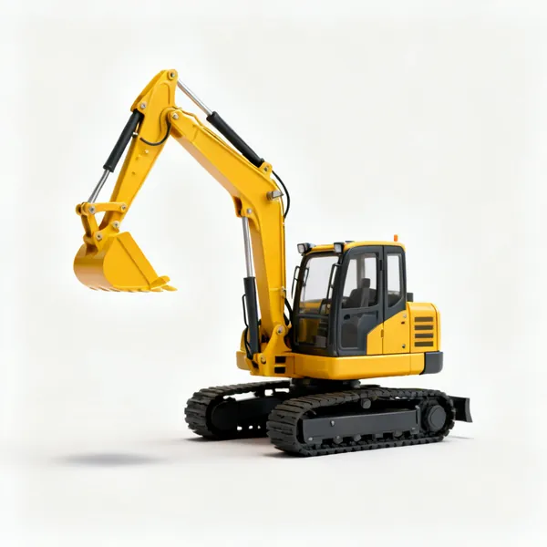 A small yellow mini digger excavator with a bucket