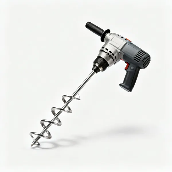 Mixing paddle & drill: A spiral mixing paddle in a heavy duty mixing drill