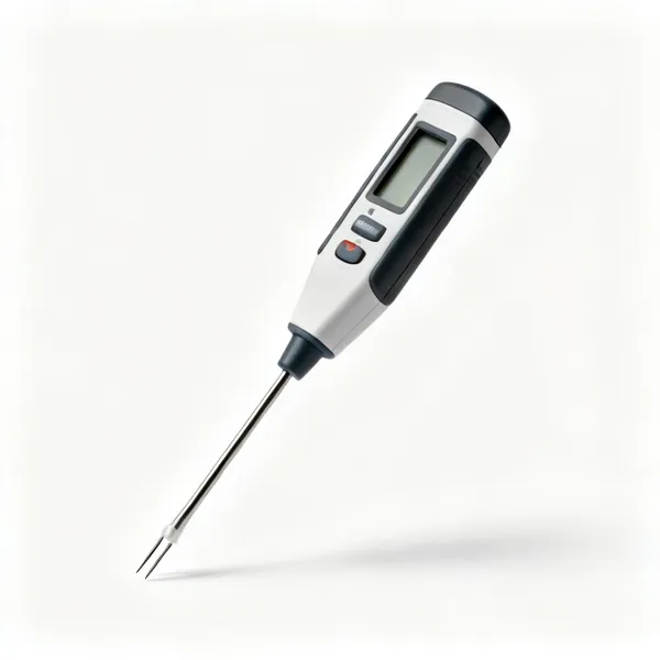 A handheld moisture meter with pins and a display