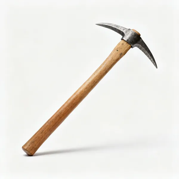 A pickaxe with a wooden handle and steel head