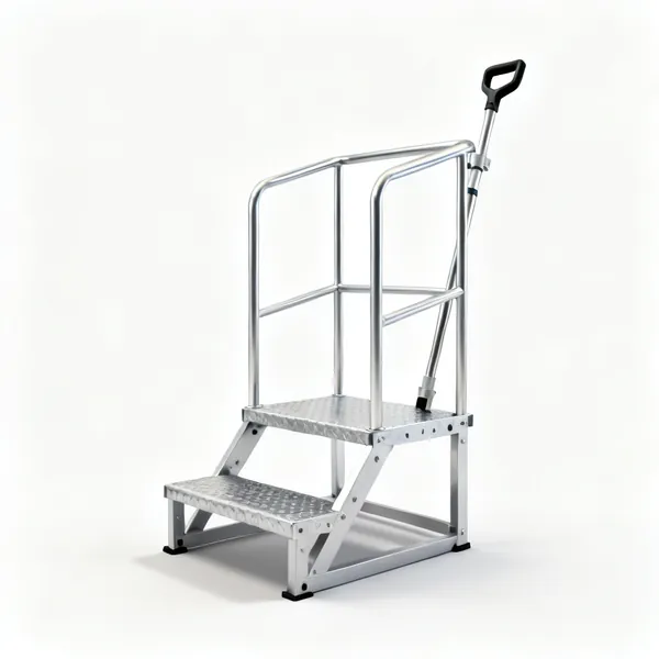 Podium steps: An aluminium podium step platform with guardrails