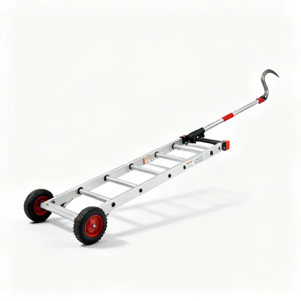 A roof ladder with wheels and a ridge hook