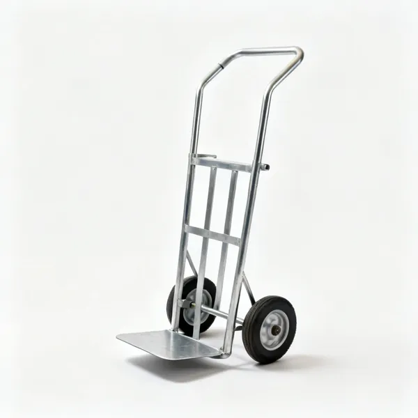 A steel sack truck with two wheels and a toe plate
