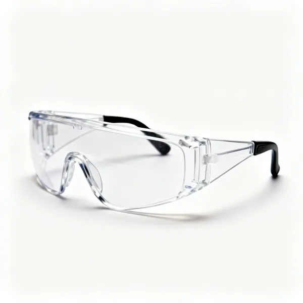 A pair of clear wraparound safety glasses