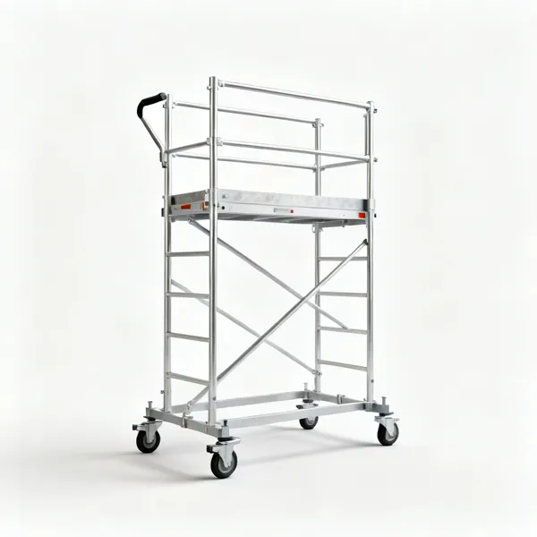 An aluminium mobile scaffold tower with guardrails and castors
