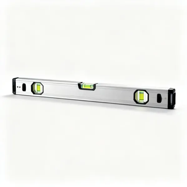 A long aluminium spirit level with bubble vials