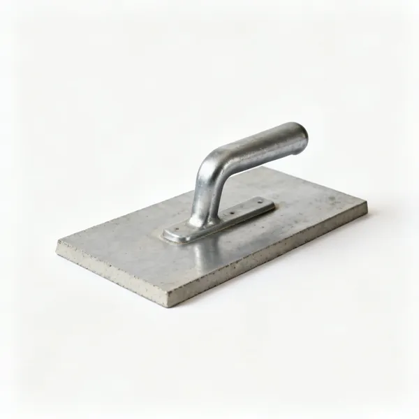 Steel float: A rectangular steel concrete finishing float with a handle