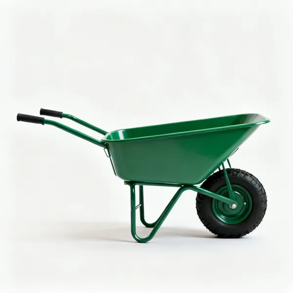 A green builder's wheelbarrow with a pneumatic tyre