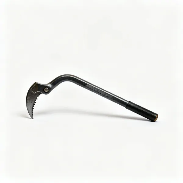 A curved wrecking bar with a claw end