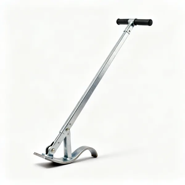 A metal drywall board lifter lever with a curved rocking foot