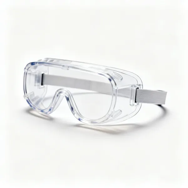 A pair of clear sealed safety goggles with an elastic strap