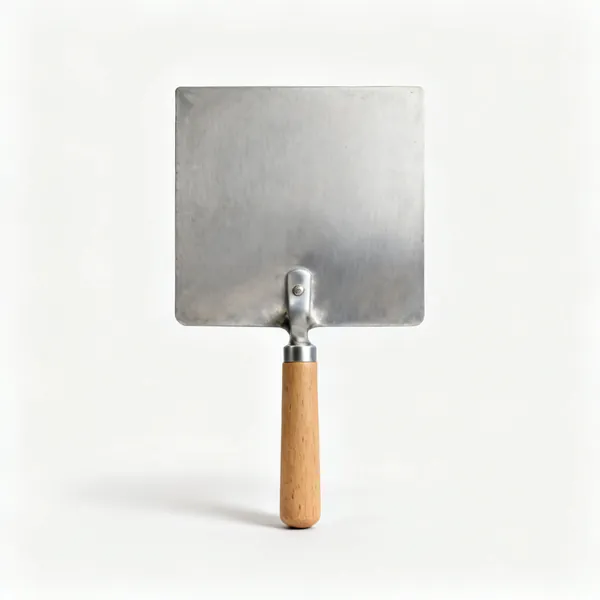 A square aluminium plasterers hawk with a vertical wooden handle underneath