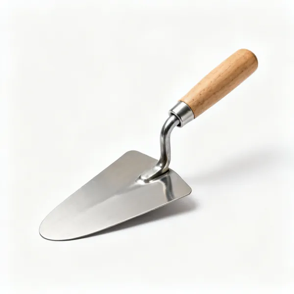 A stainless steel jointing trowel with a slightly curved blade and a wooden handle