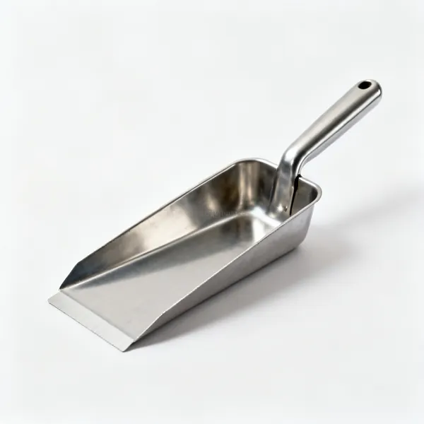A stainless steel drywall mud pan, a long narrow trough with a wiping edge