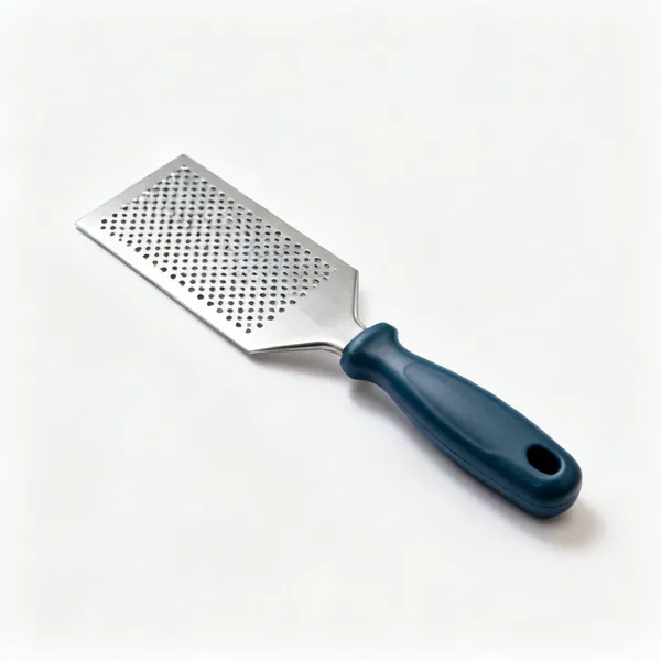 A drywall board rasp with a perforated steel plate and a moulded handle