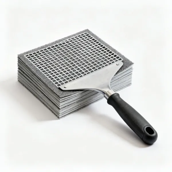 A stack of drywall sanding mesh sheets with an open grid abrasive surface