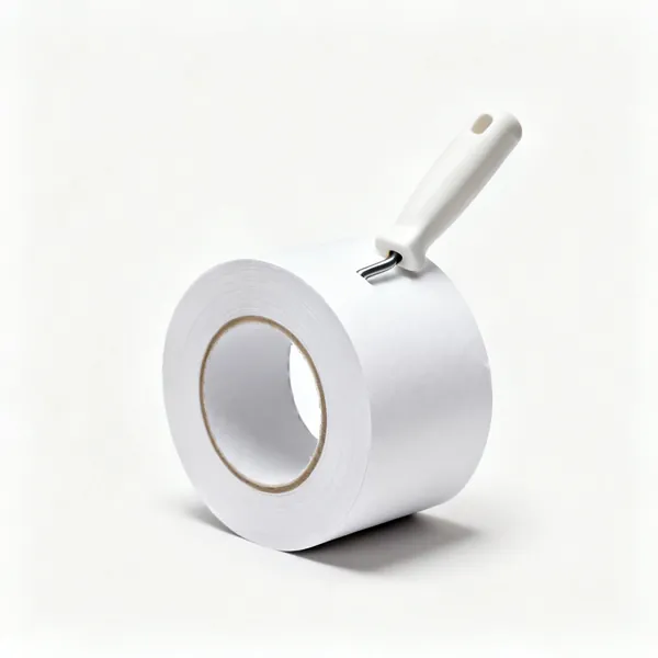 Paper jointing tape: A single compact roll of white paper drywall jointing tape, fully wound