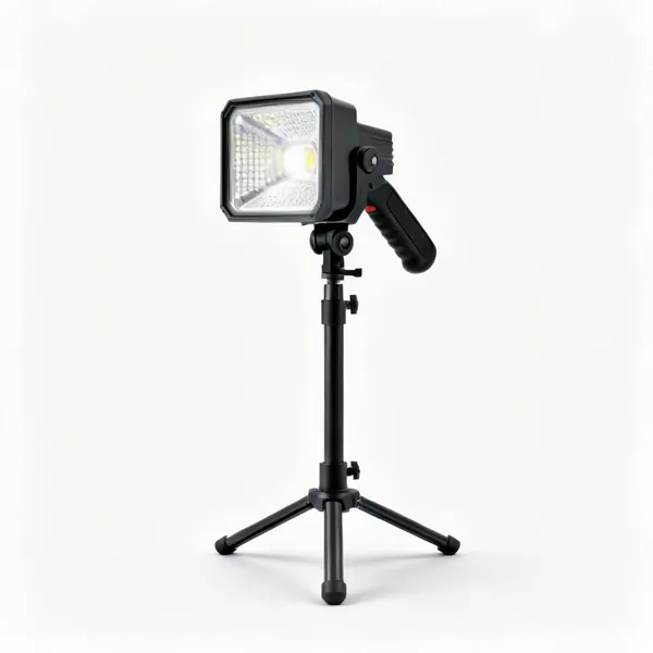 Raking work light: A portable LED work light on a low stand with an adjustable head