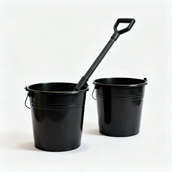 Two black plastic buckets