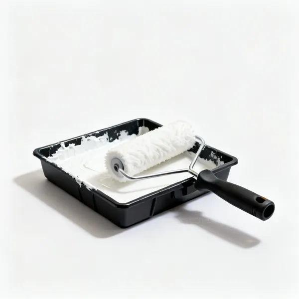 Mist coat roller: A paint roller and tray with white paint