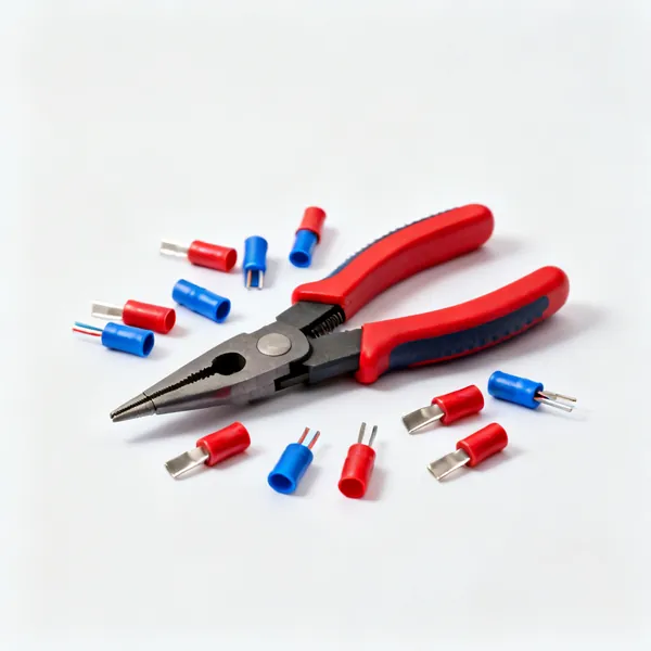 Butt connectors: An assortment of red and blue insulated butt splice electrical connectors