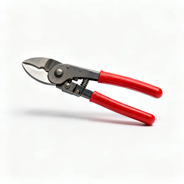 A pair of cable cutters with curved shear blades and insulated red handles