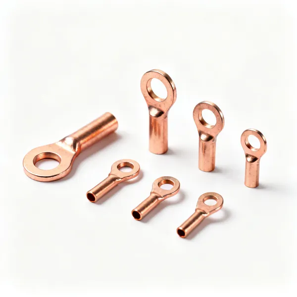 Cable lugs: An assortment of uninsulated copper cable lug ring terminals of several sizes