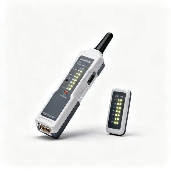 A network cable tester with a main unit and a remote terminator, both with LED rows