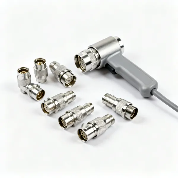 Coax connectors: An assortment of silver coaxial F type and BNC cable connectors