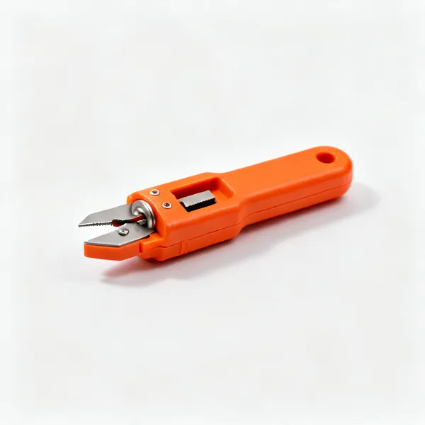 Coax stripper: A small orange rotary coaxial cable stripping tool with two blade settings