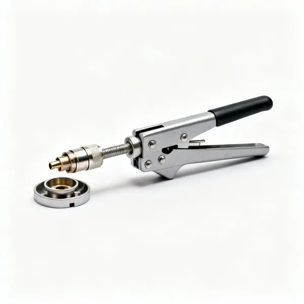 Compression tool: A coaxial compression connector tool with a sliding plunger and a connector seat