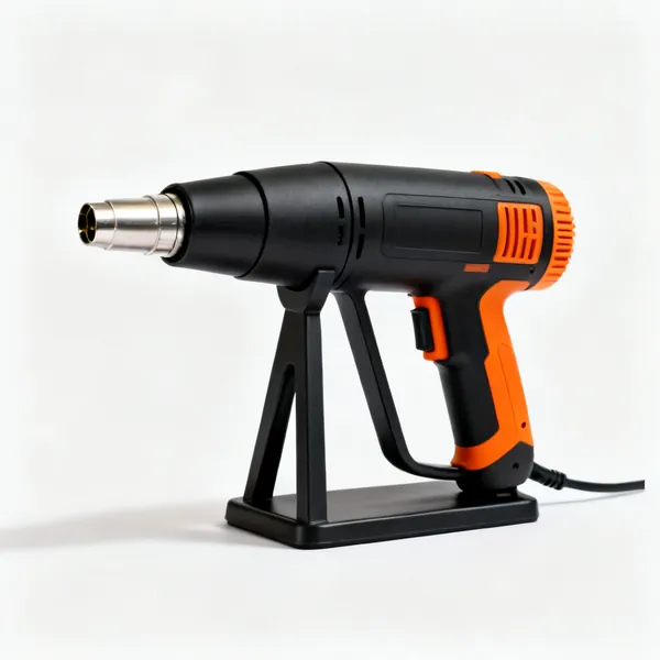 A black and orange electric heat gun with a nozzle and a stand