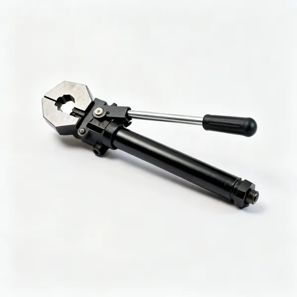 Hydraulic crimper: A handheld hydraulic cable crimping tool with a pump handle and a hexagonal head
