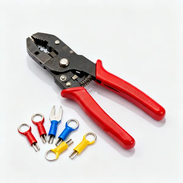Insulated terminals: An assortment of red blue and yellow insulated ring and fork electrical crimp terminals