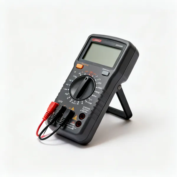 A digital multimeter with a large display, rotary dial and two test leads