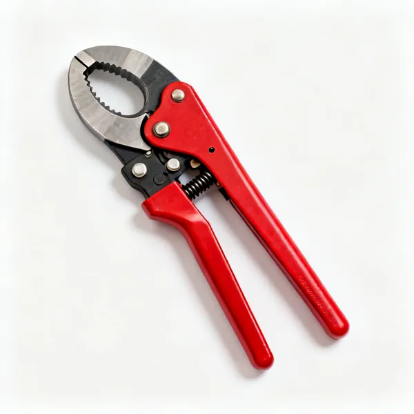 A red handled ratchet crimping tool with an oval die and a locking ratchet mechanism