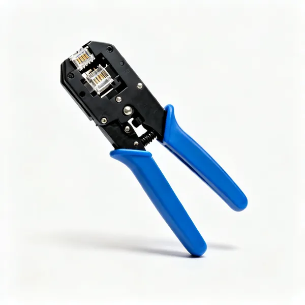 RJ45 crimping tool: A black RJ45 network cable crimping tool with a modular plug slot and blue handles