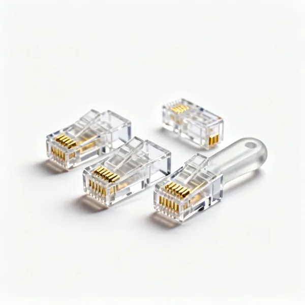 RJ45 plugs: Several clear plastic RJ45 modular network plugs with gold contacts
