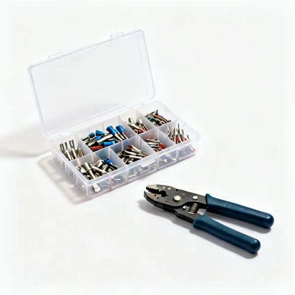 Terminal assortment box: An open plastic compartment box filled with assorted electrical crimp terminals