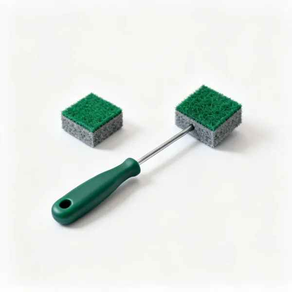Abrasive pads: Two small green and grey abrasive cleaning pads