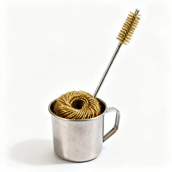 A metal cup filled with coiled brass wool tip cleaner