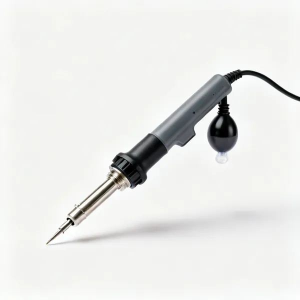 A desoldering iron with a hollow tip and an attached vacuum bulb