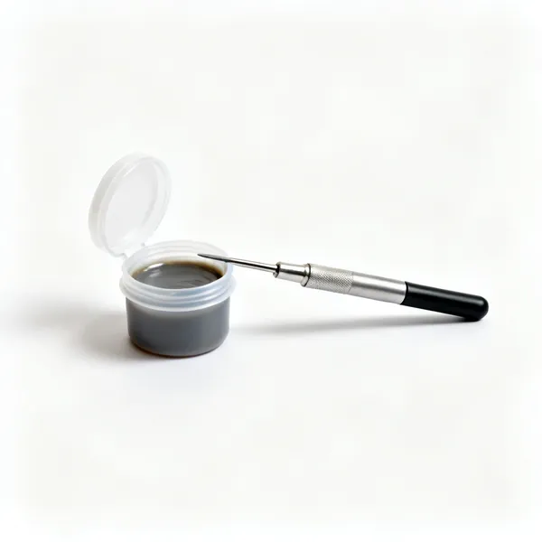 A small tub of soldering flux paste with the lid off