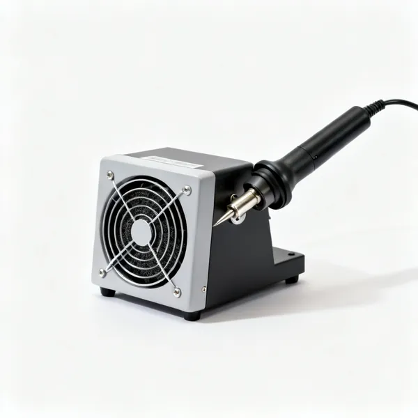 A small benchtop soldering fume extractor fan with a carbon filter