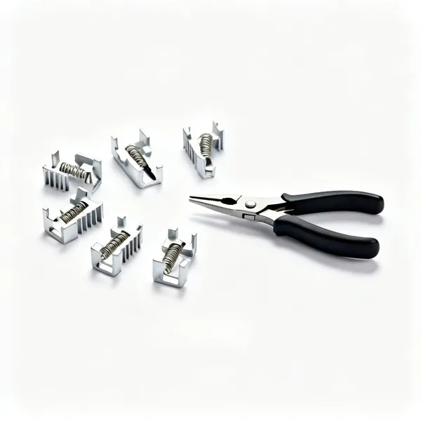 Several small aluminium heat sink clips with spring jaws