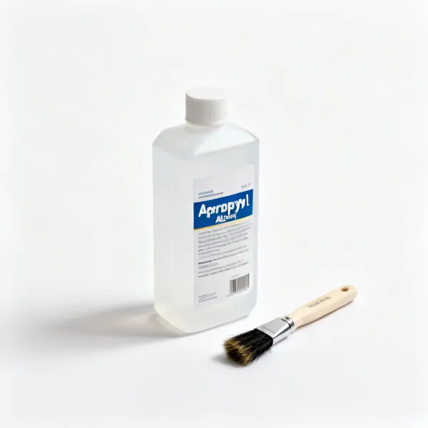 A bottle of isopropyl alcohol beside a small stiff brush